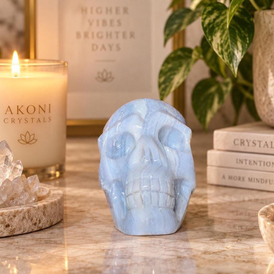 Blue Lace Agate Skull Carving – Natural Blue Banded Crystal