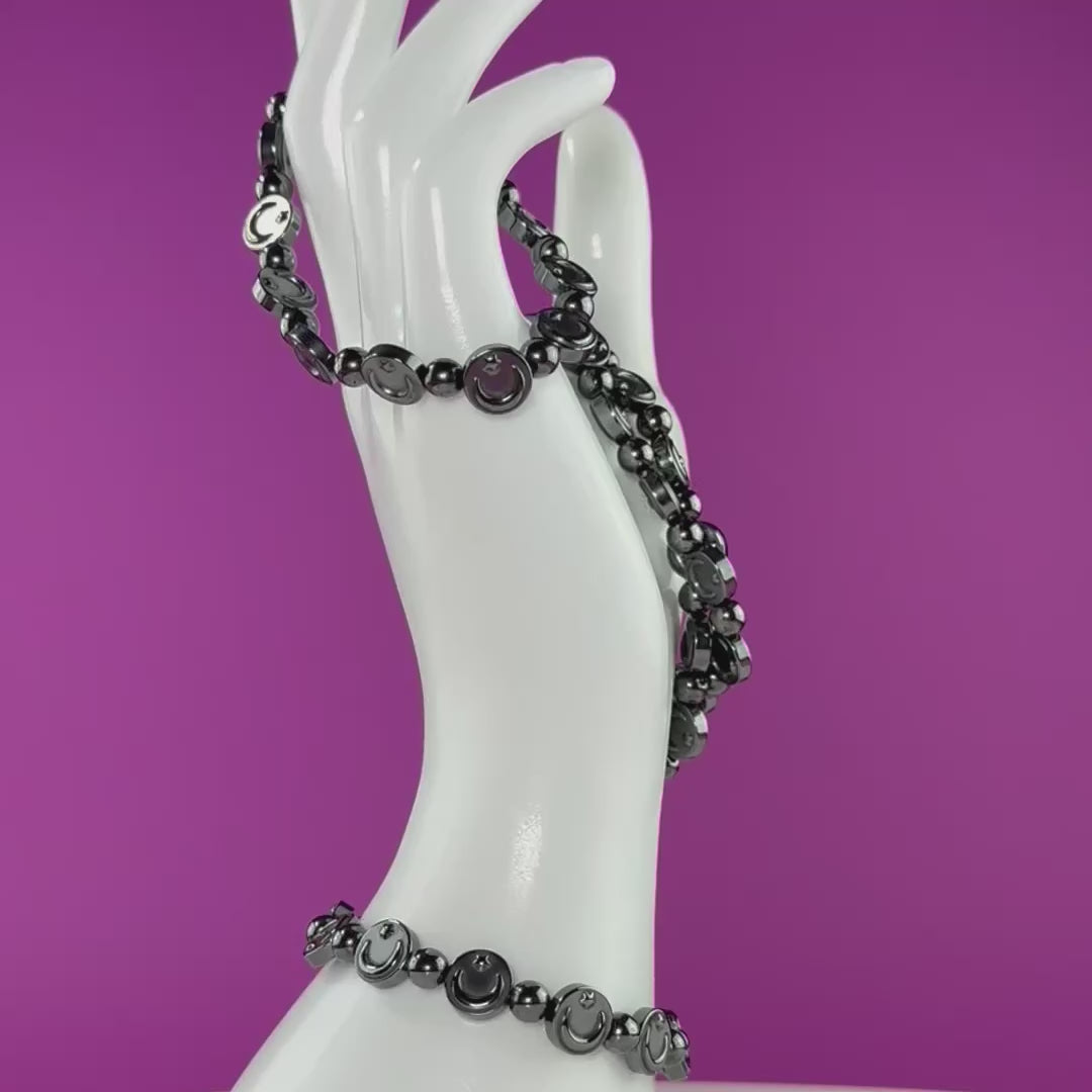 Hematite Moon Bracelet – Engraved Beads for Grounding & Protection