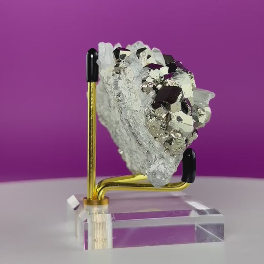 Chalcopyrite on Quartz w Gold Metal Acrylic Stand