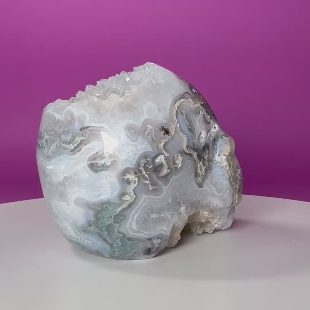 Moss Agate Skull with Druzy – 1,446g Collector Statement Piece