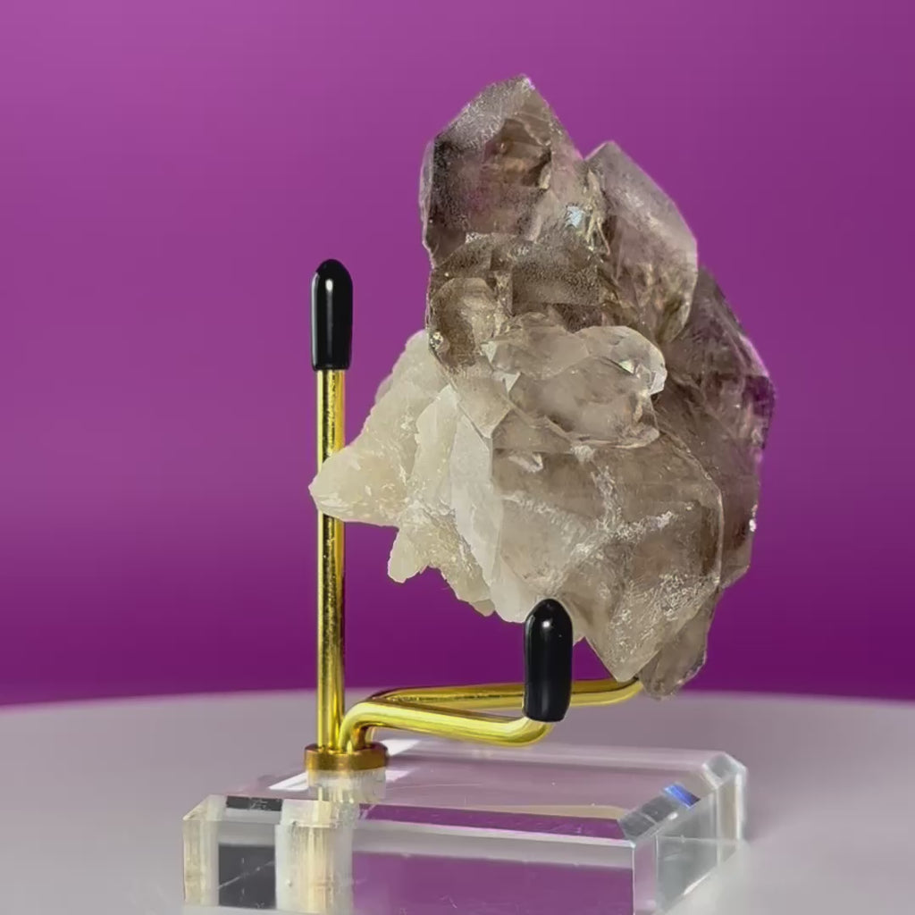 Smoky Quartz Elestial Crystal Cluster (Includes Gold Metal/Acrylic Stand)