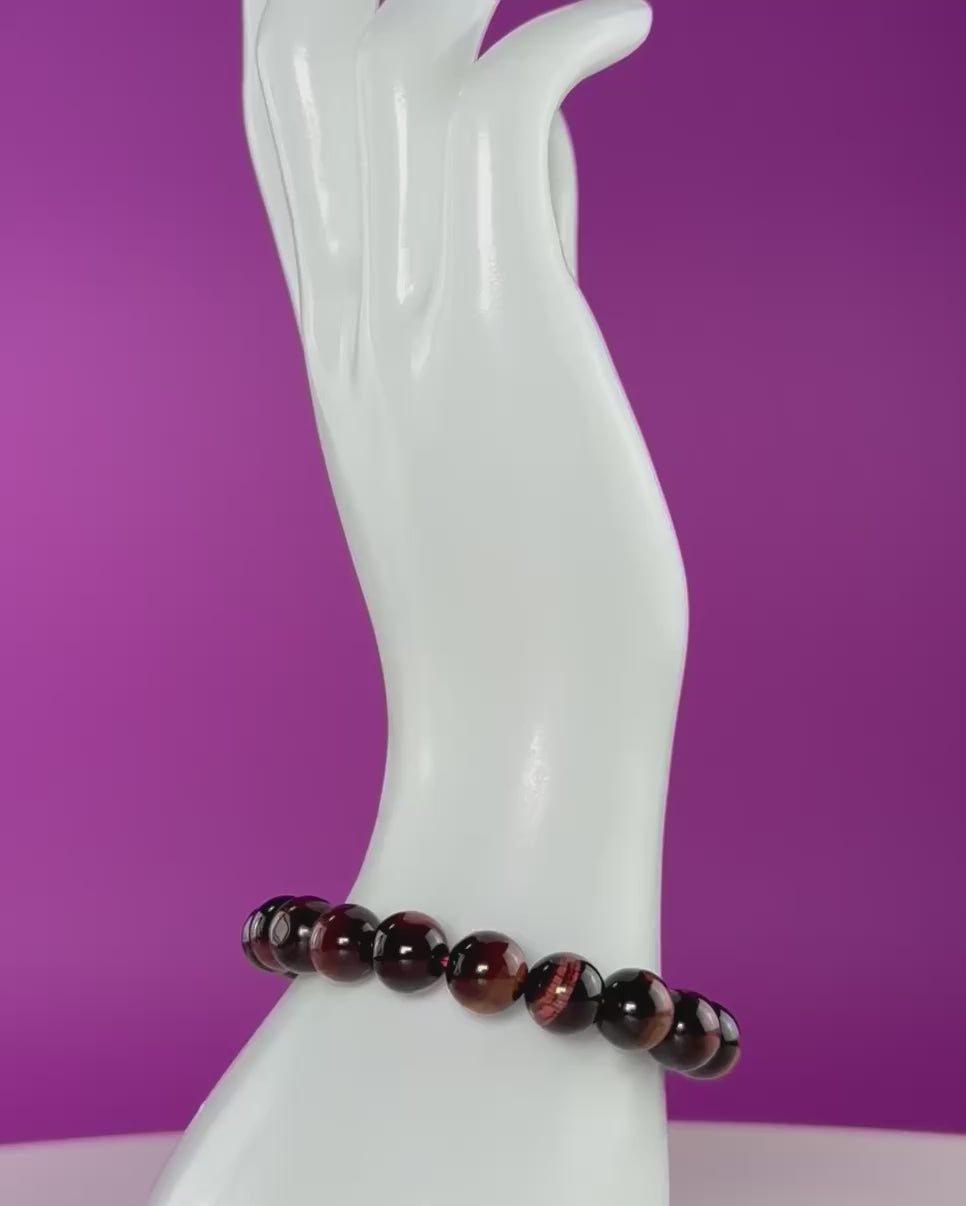 Red Tiger Eye Bracelet 10mm Beaded Crystal Stretch Bracelet