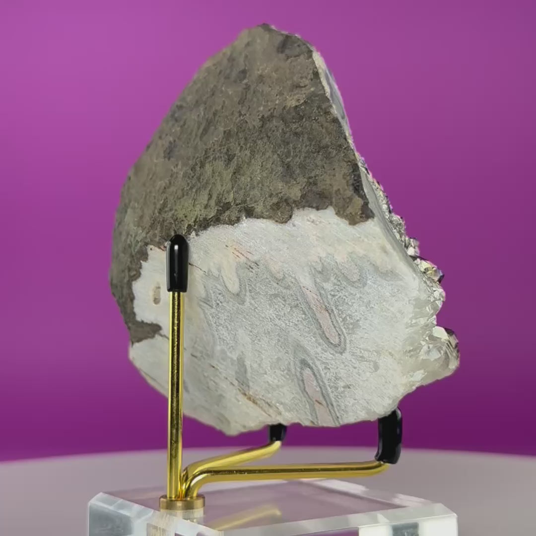Titanium Aura Quartz Cluster with Gold Stand – Iridescent Display Piece