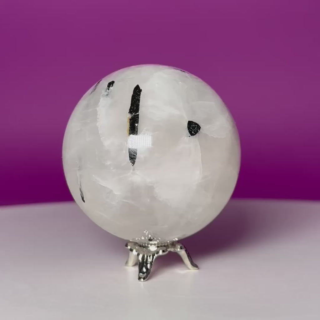 Tourmaline Quartz Sphere with Silver Stand, Black Tourmaline in Quartz Crystal