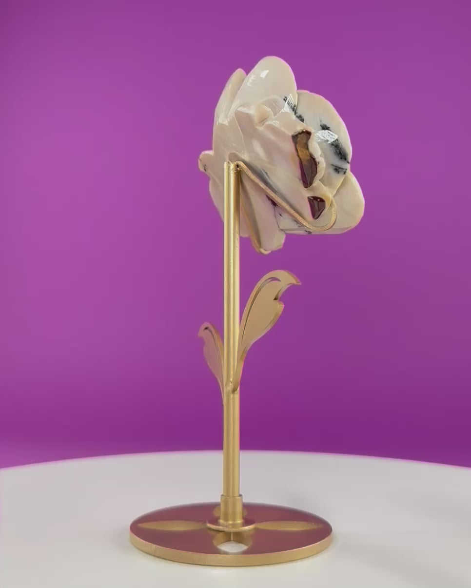 Mookaite Jasper Flower Carving with Gold Metal Flower Stand