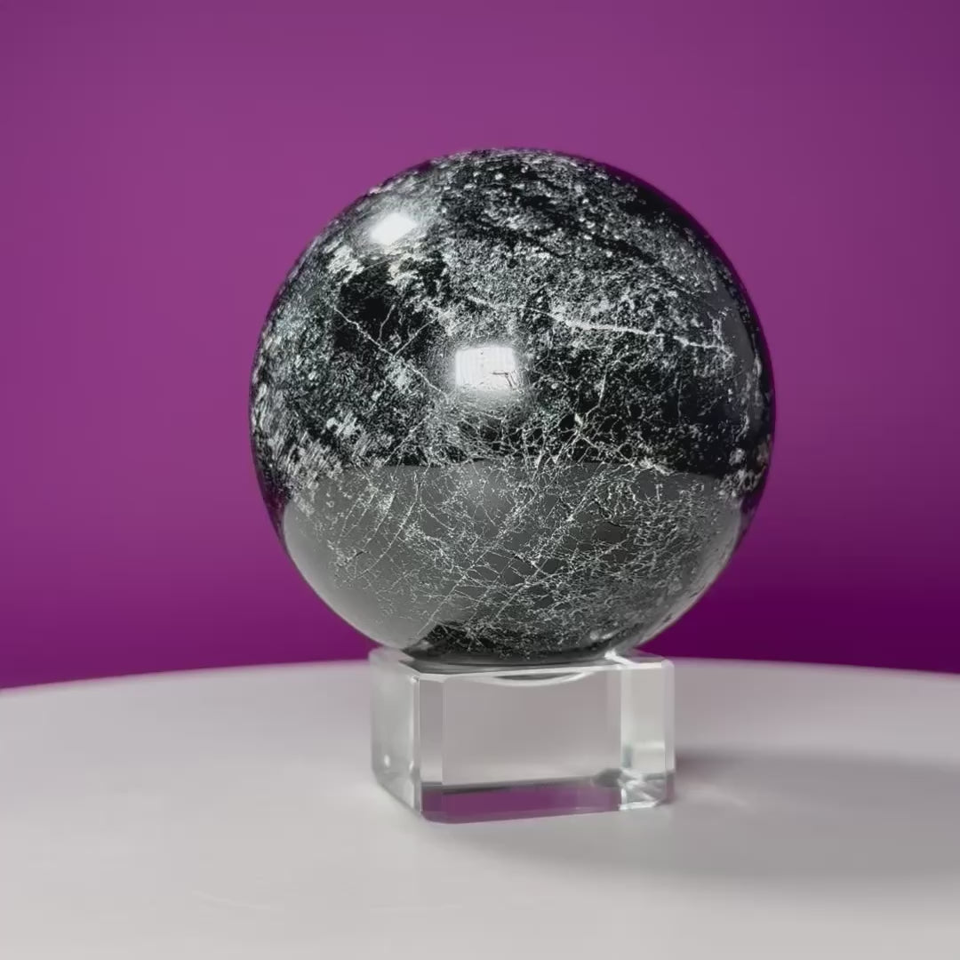 Black Tourmaline Sphere (Includes Glass Stand)