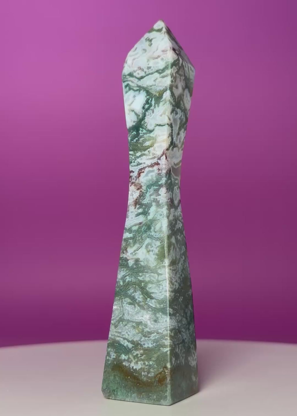 Moss Agate Tower – Tall 5.8 Inch Crystal Point