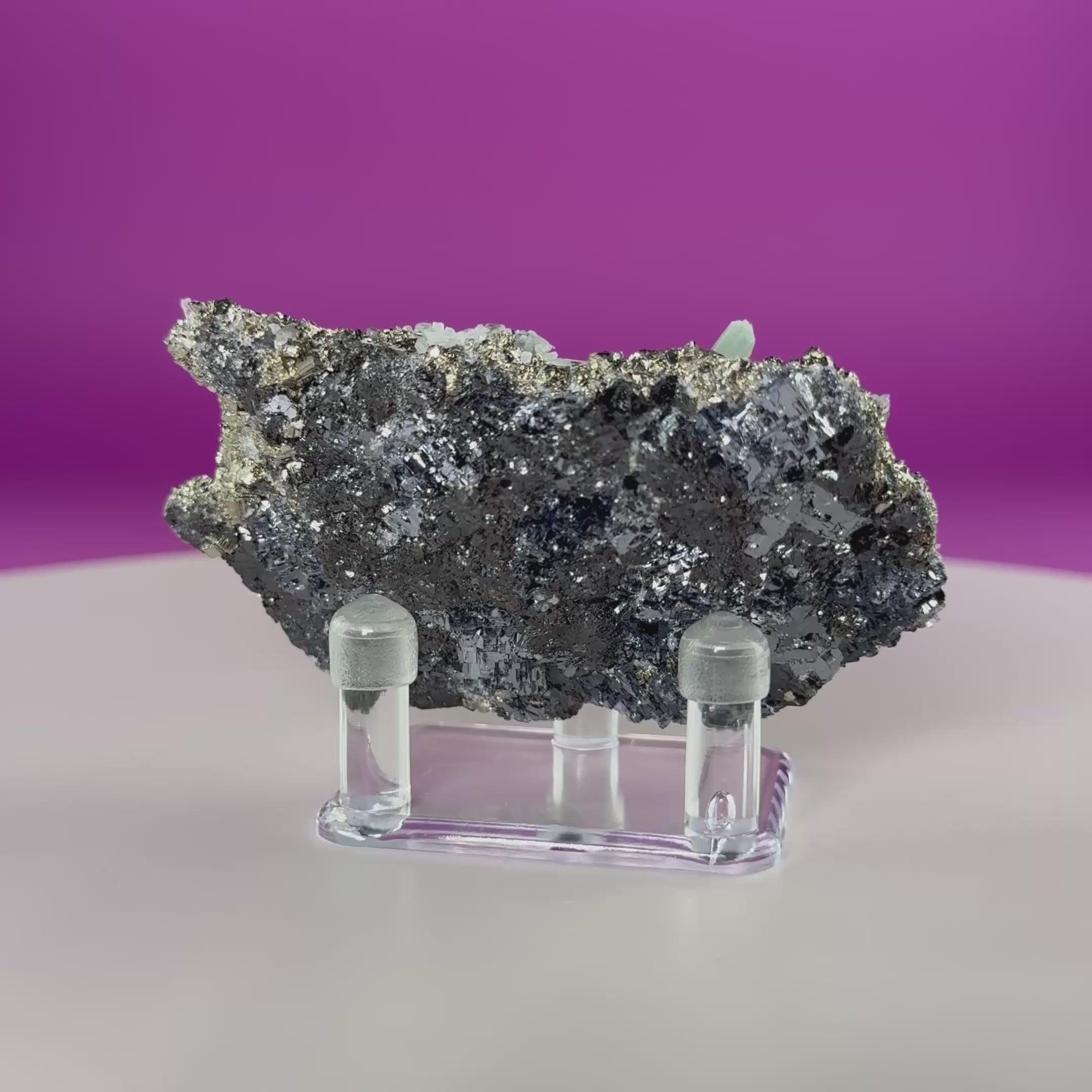 Green Quartz on Pyrite & Galena Specimen – Huaron Mine Peru Mineral Display