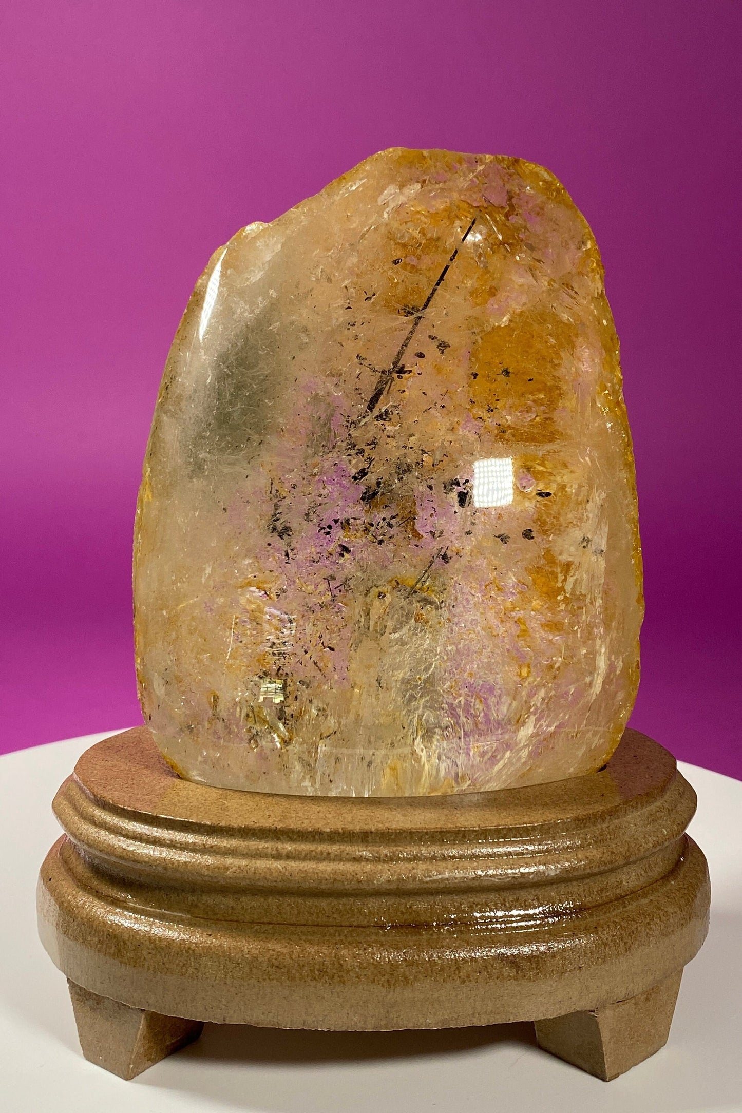 Golden Healer Quartz with Tourmaline Inclusions on Custom Stand (Brazil), Brazilian Healer