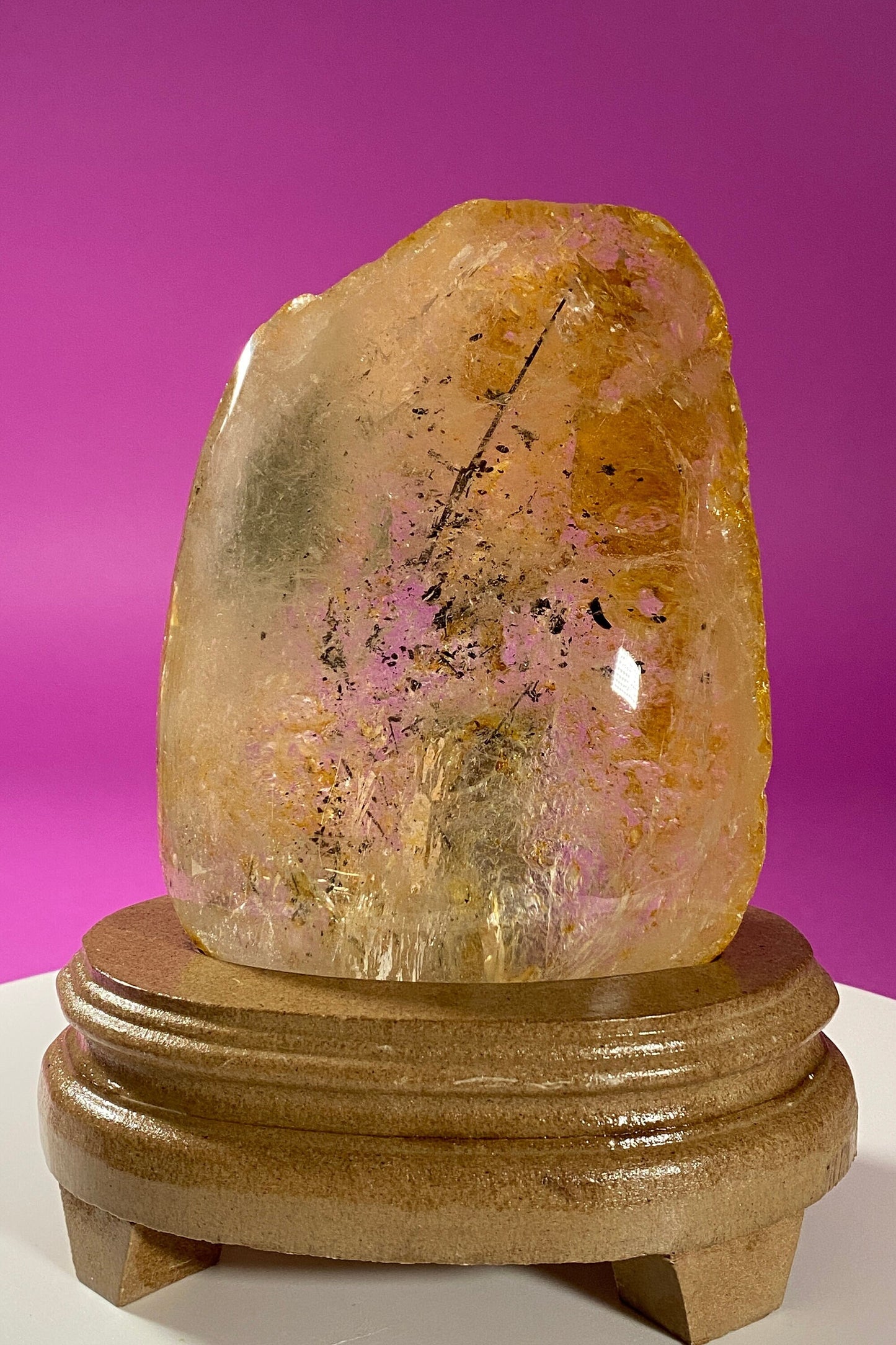 Golden Healer Quartz with Tourmaline Inclusions on Custom Stand (Brazil), Brazilian Healer