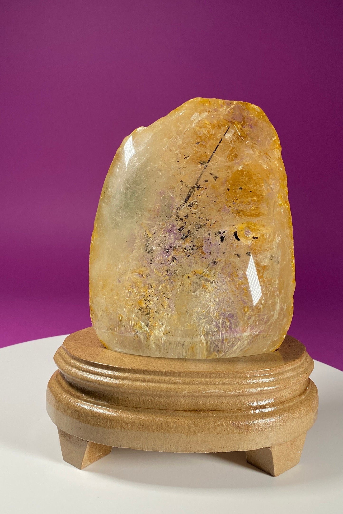 Golden Healer Quartz with Tourmaline Inclusions on Custom Stand (Brazil), Brazilian Healer