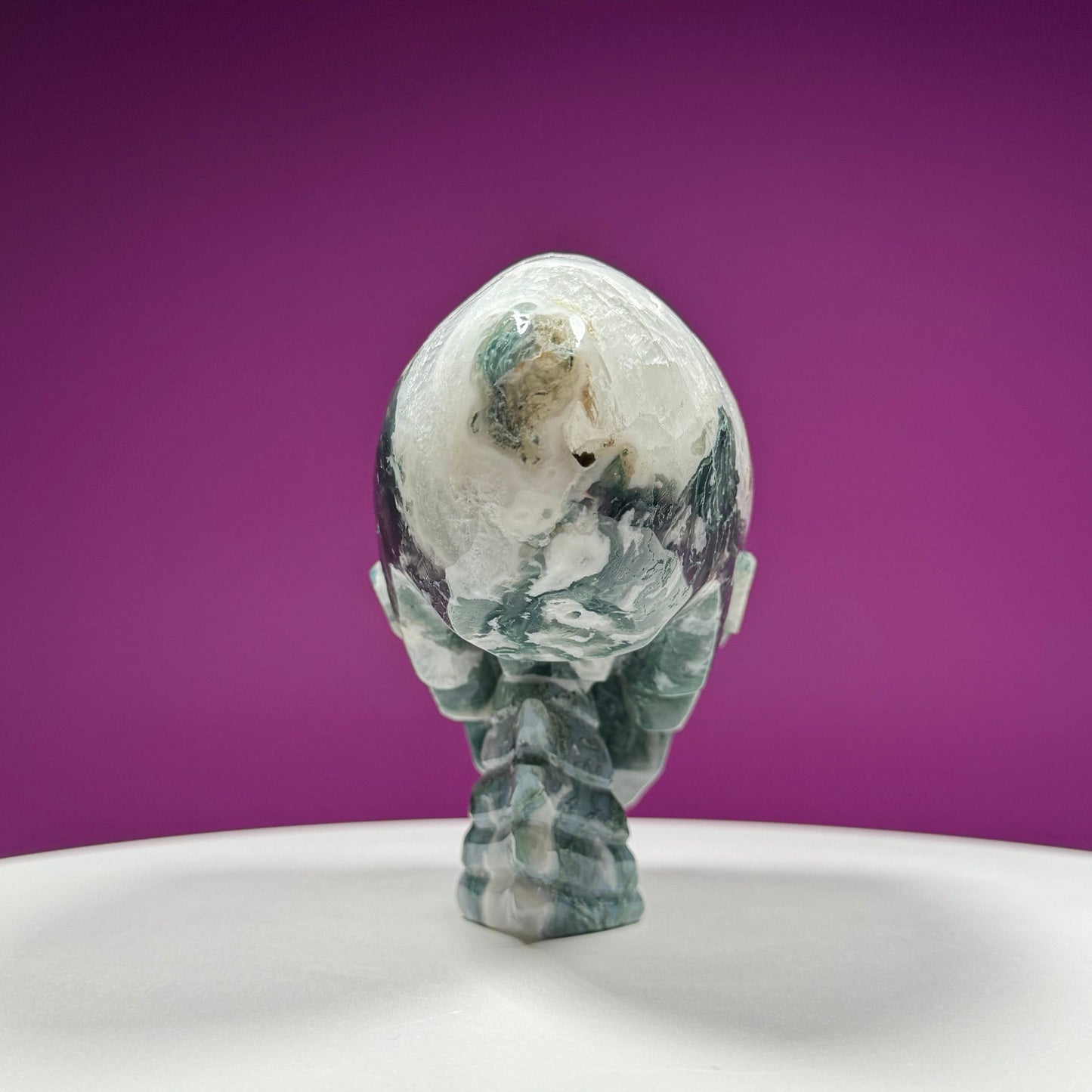 Moss Agate Alien Skull, Large Skull
