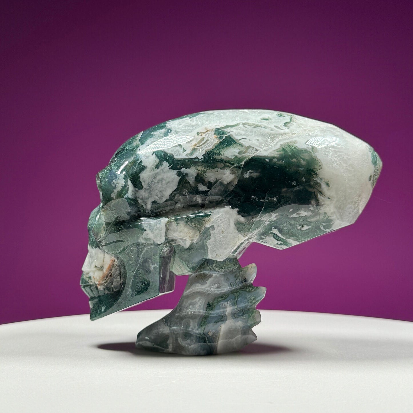 Moss Agate Alien Skull, Large Skull