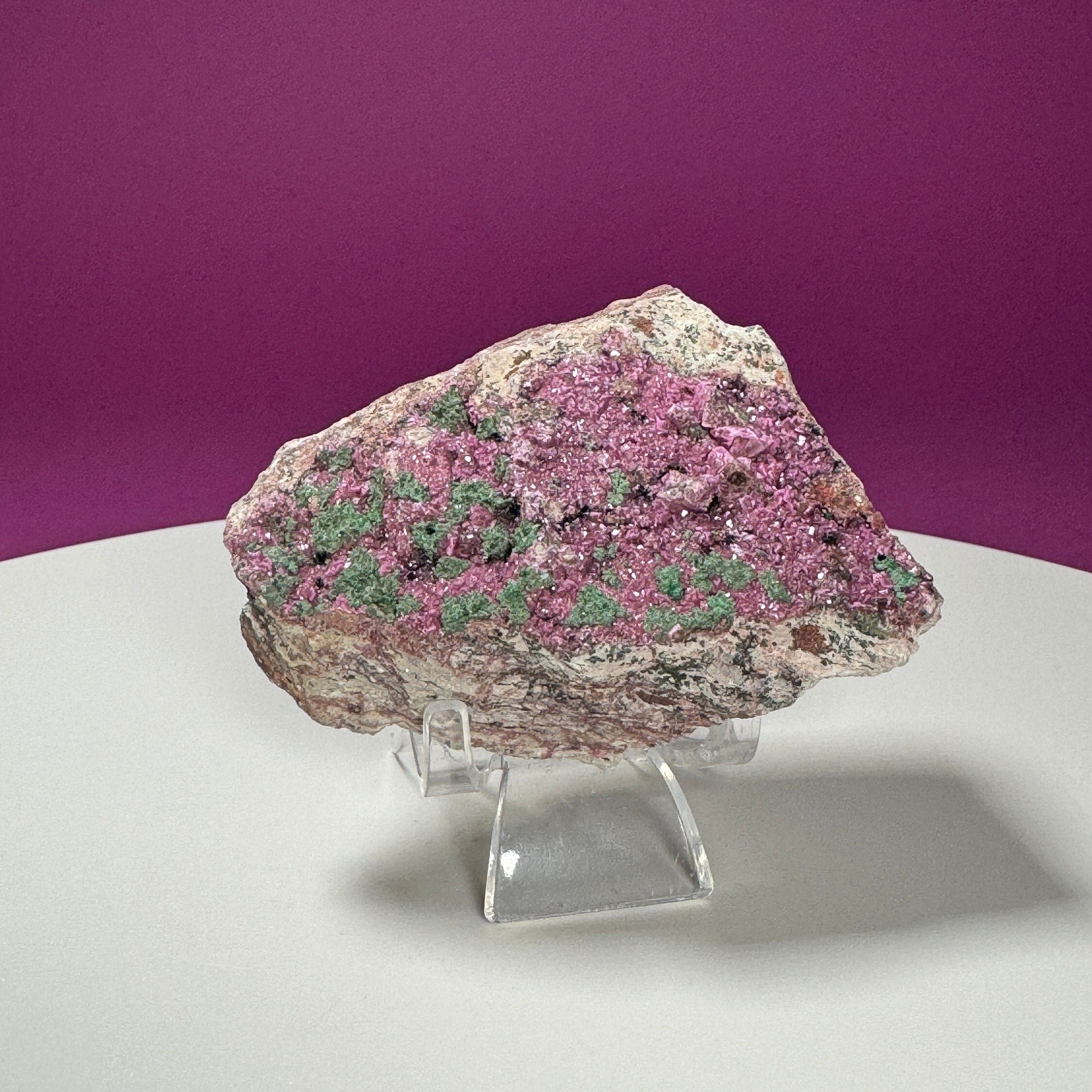 Cobalt Calcite with Malachite Specimen (Includes Acrylic Stand)
